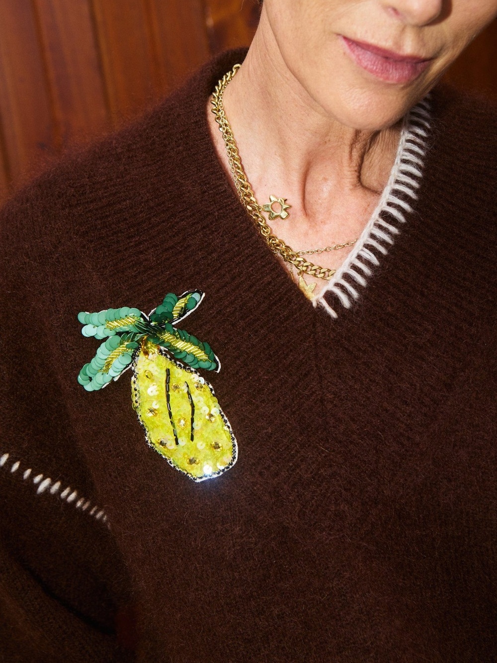 Alemais Fredo V-Neck Sweater with Yellow Green Fruit Patch - Picture 4 of 6